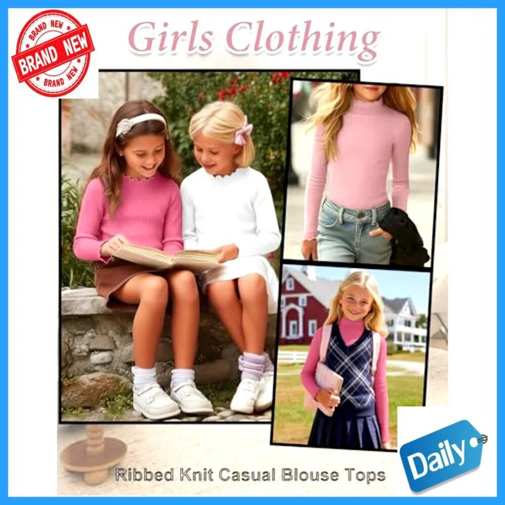Girls 3 Pack Lettuce Trim Mock Neck Long Sleeve Cotton Tees 5-14Y Slim Fit